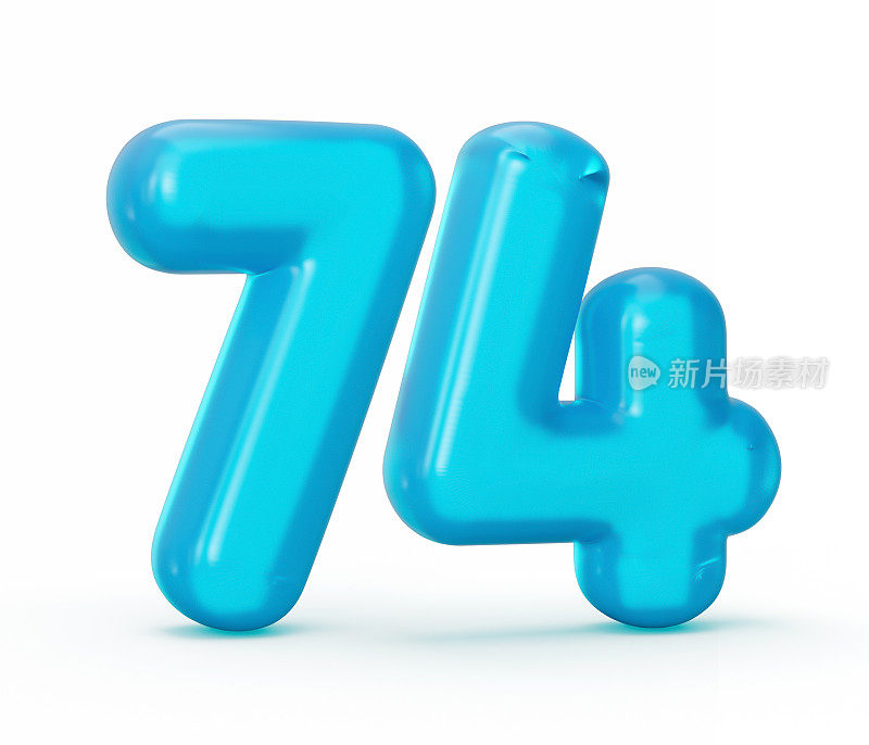 蓝色果冻数字74 74隔离在白色背景果冻彩色字母数字的孩子3d插图